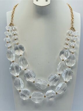 Gold Tone Clear Acrylic Beaded Necklace Layered Statement Chunky